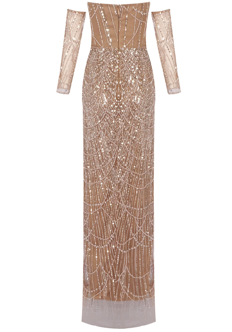 Cyvra Strapless Crystal Sequin Maxi Dress In Gold