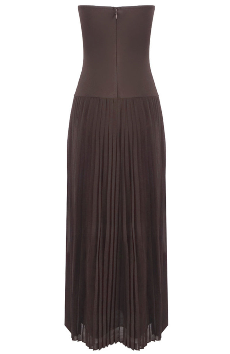 Kazra Strapless Pleated A Line Maxi Dress In Brown
