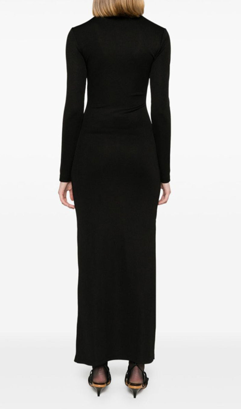 Katie Long Sleeve Cutout Ribbed Maxi Dress In Black