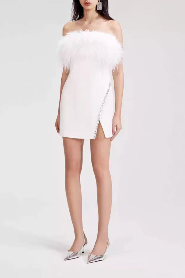Alexy White Feather Mini Dress