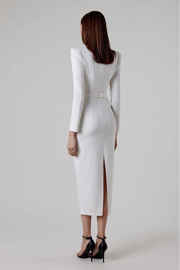 Clara White Long Sleeve Midi Work Dress