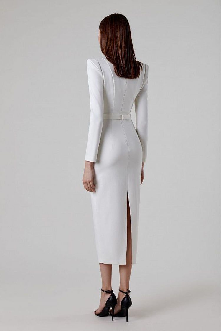 Clara White Long Sleeve Midi Work Dress