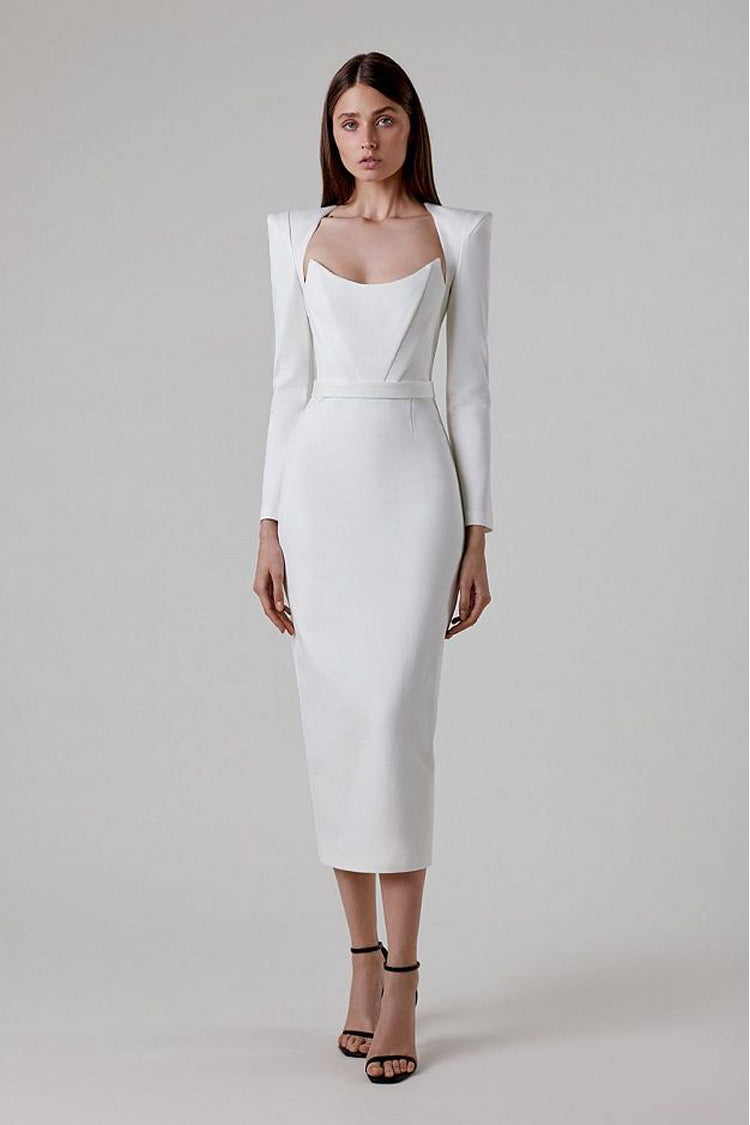 Clara White Long Sleeve Midi Work Dress
