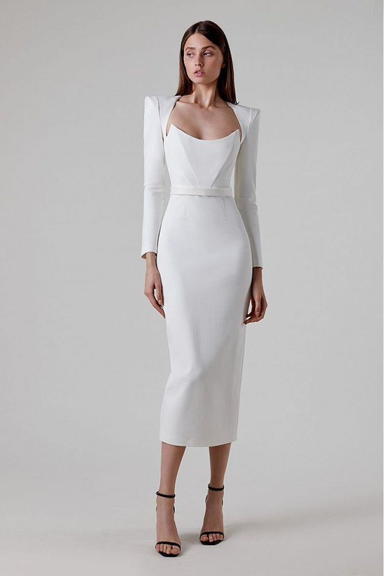 Clara White Long Sleeve Midi Work Dress