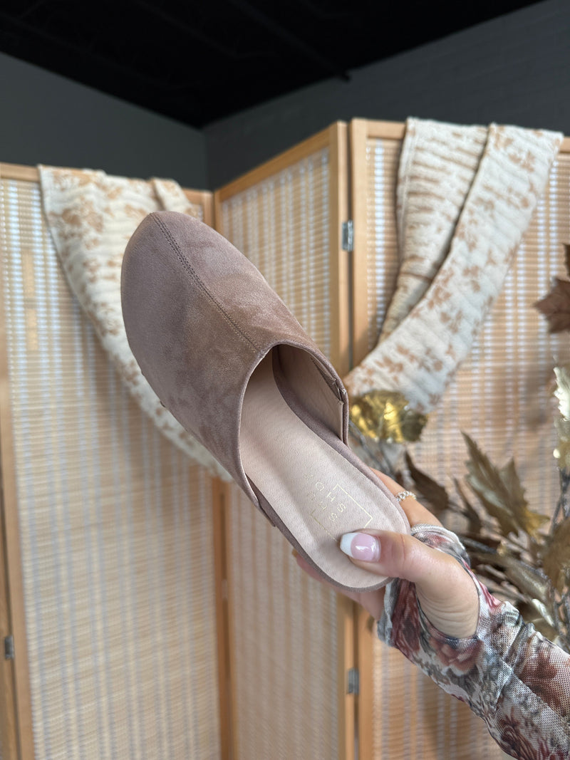 Gigi Suede Clog Slip Ons Taupe