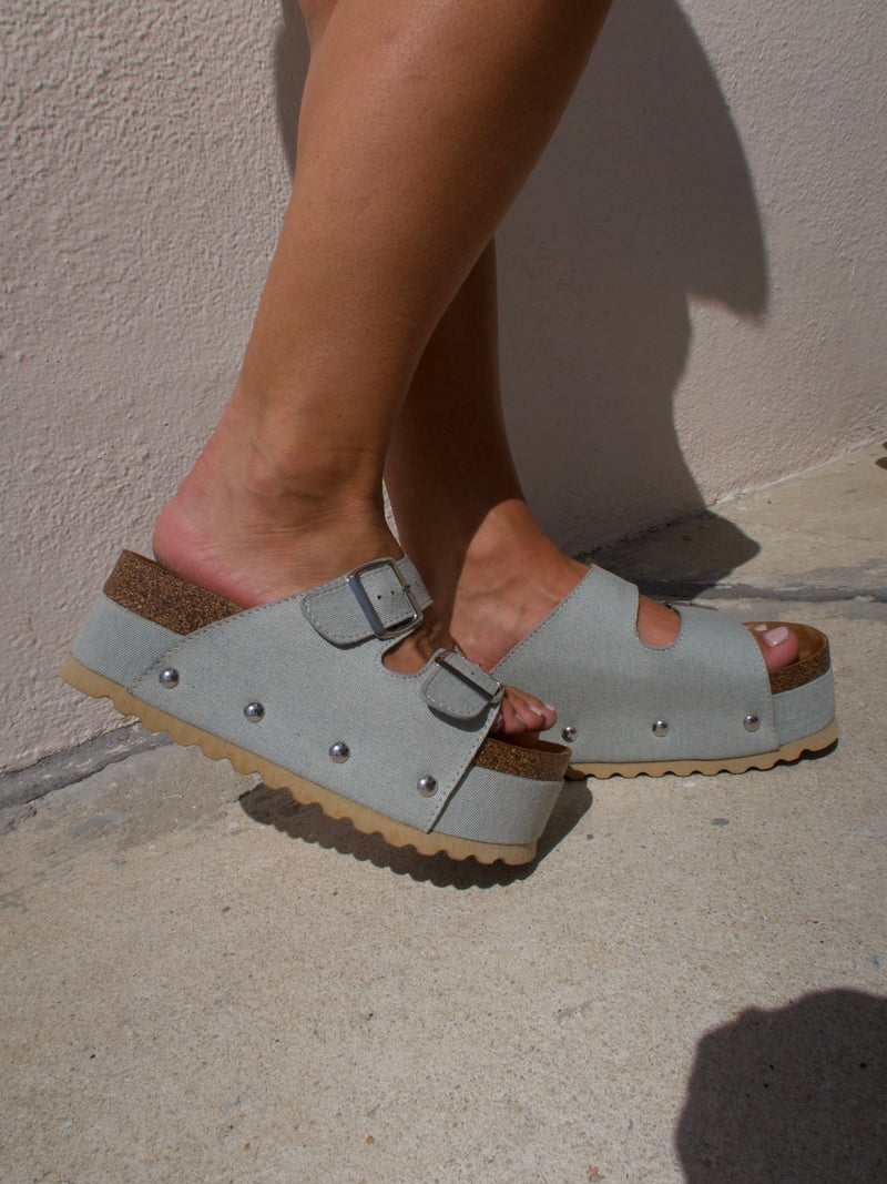 Pueblo Stacked Double Strap Slides Denim
