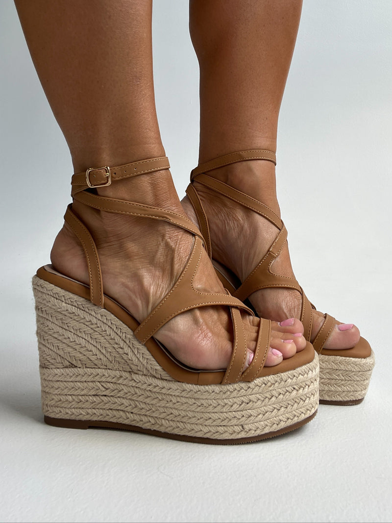 Fab Platform Strappy Wedges Camel