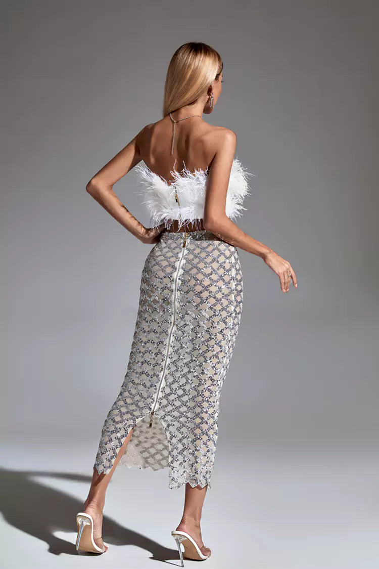 Barbara Black Feather Sequin Bandage Set In White