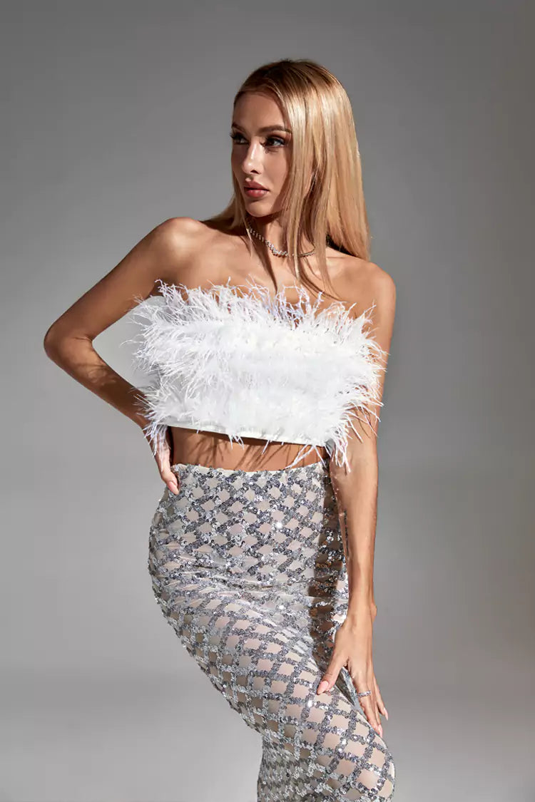 Barbara Black Feather Sequin Bandage Set In White