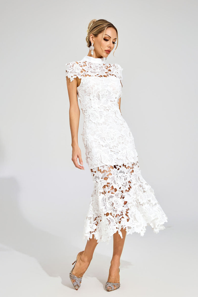 Pexmir Fishtail Lace Cutout Maxi Dress In White