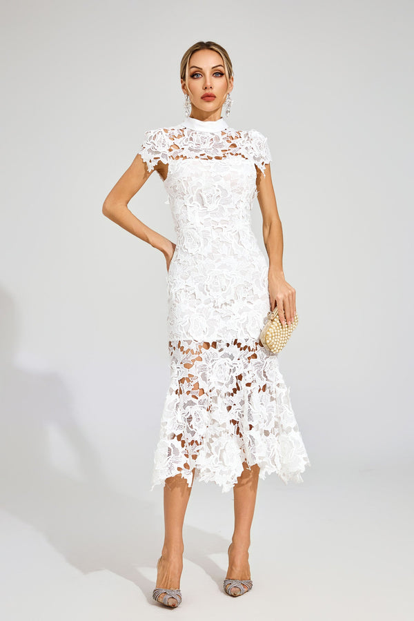 Pexmir Fishtail Lace Cutout Maxi Dress In White