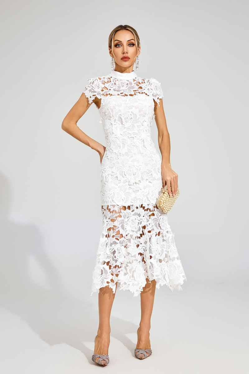 Pexmir Fishtail Lace Cutout Maxi Dress In White