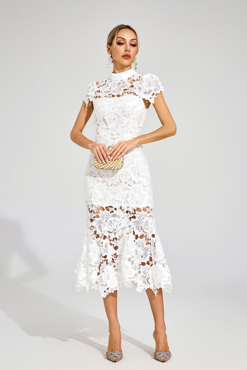 Pexmir Fishtail Lace Cutout Maxi Dress In White