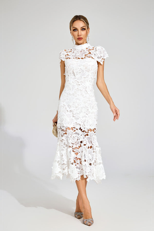 Pexmir Fishtail Lace Cutout Maxi Dress In White