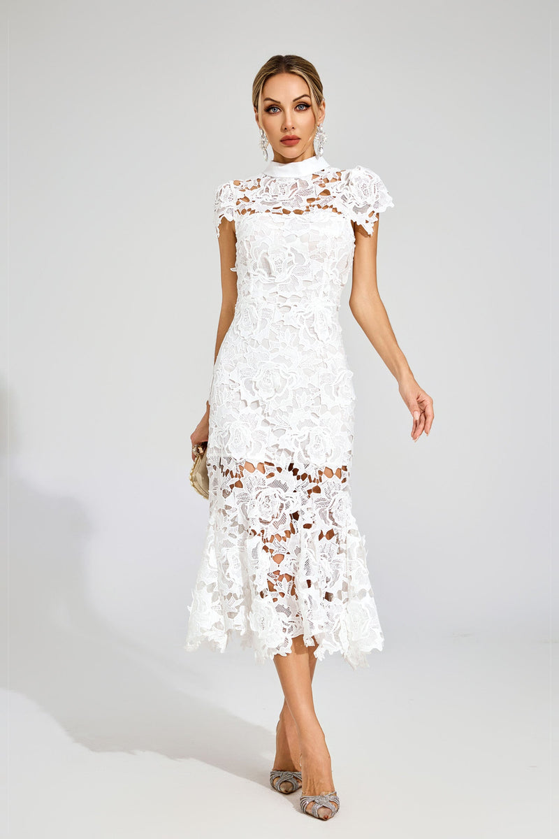 Pexmir Fishtail Lace Cutout Maxi Dress In White