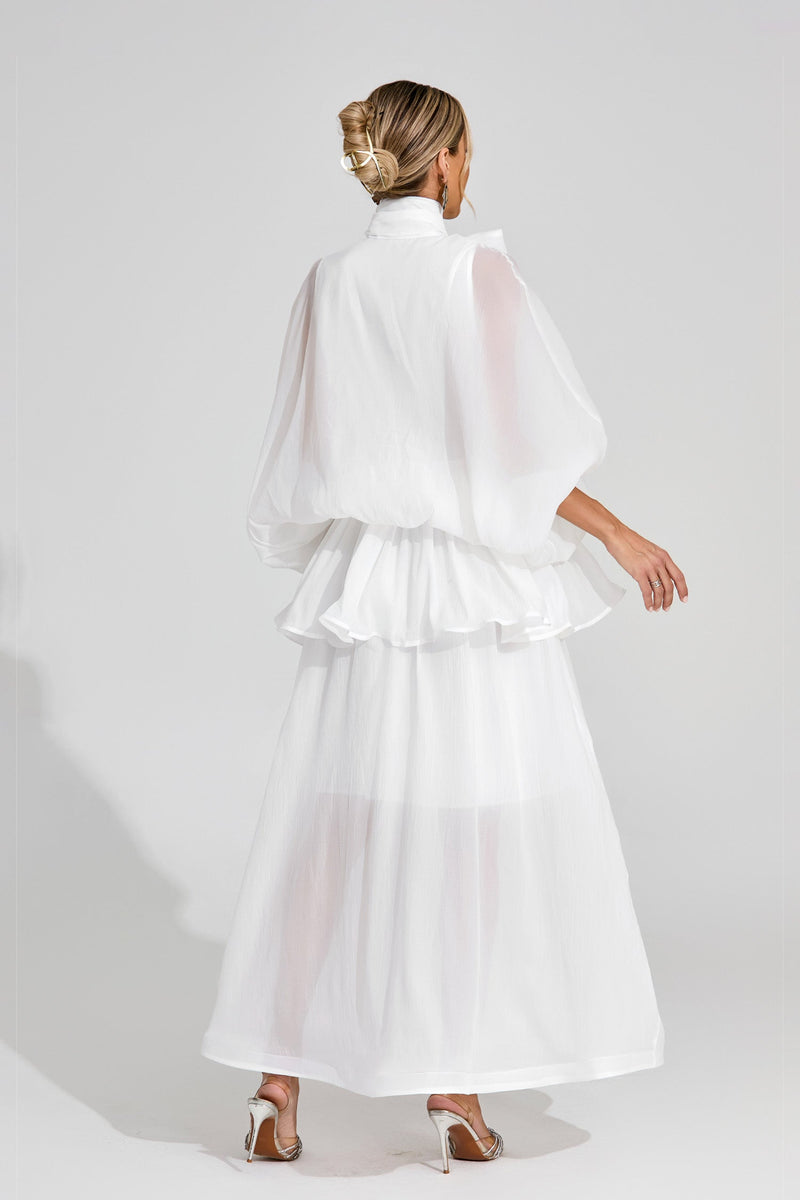 Doren Sheer Bow Maxi Dress In White