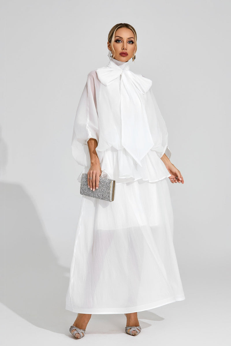 Doren Sheer Bow Maxi Dress In White