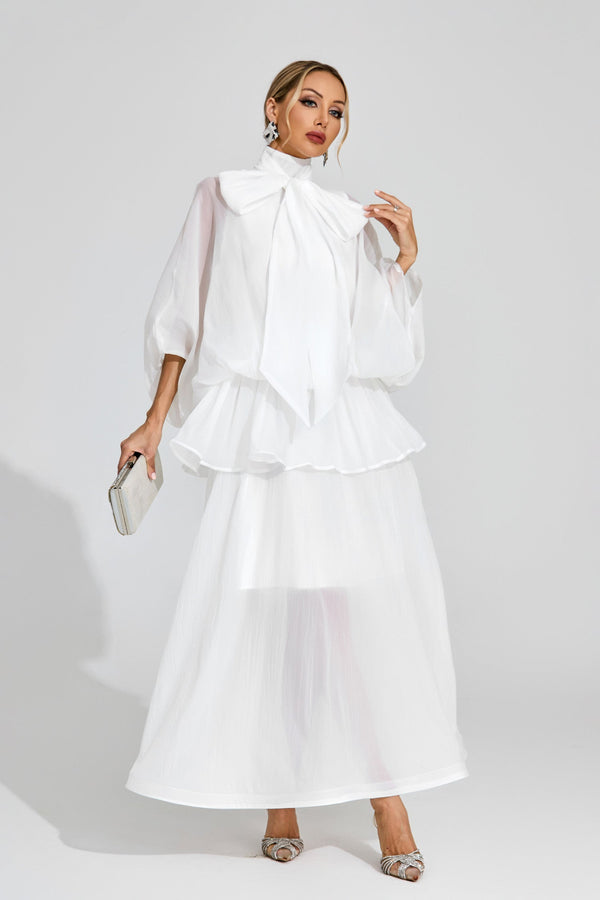 Doren Sheer Bow Maxi Dress In White
