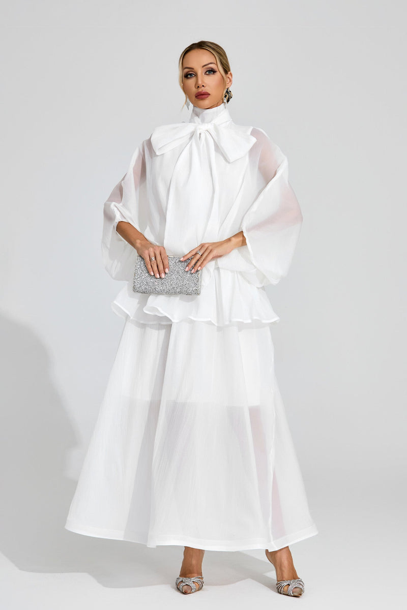 Doren Sheer Bow Maxi Dress In White