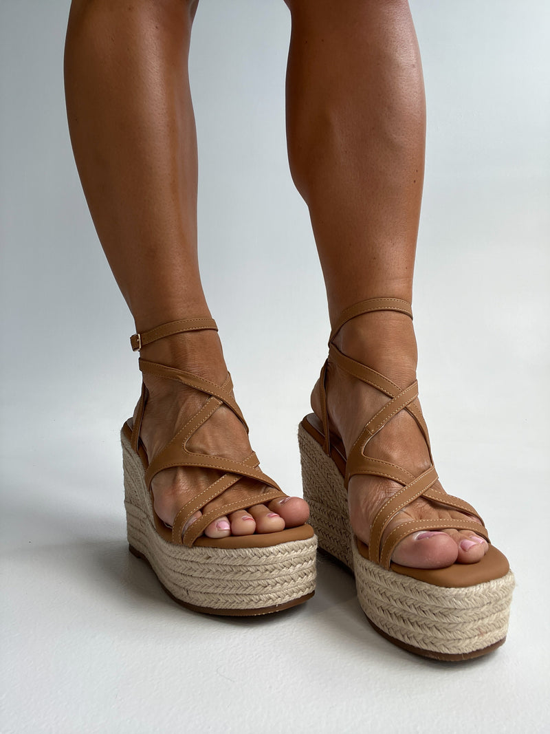 Fab Platform Strappy Wedges Camel