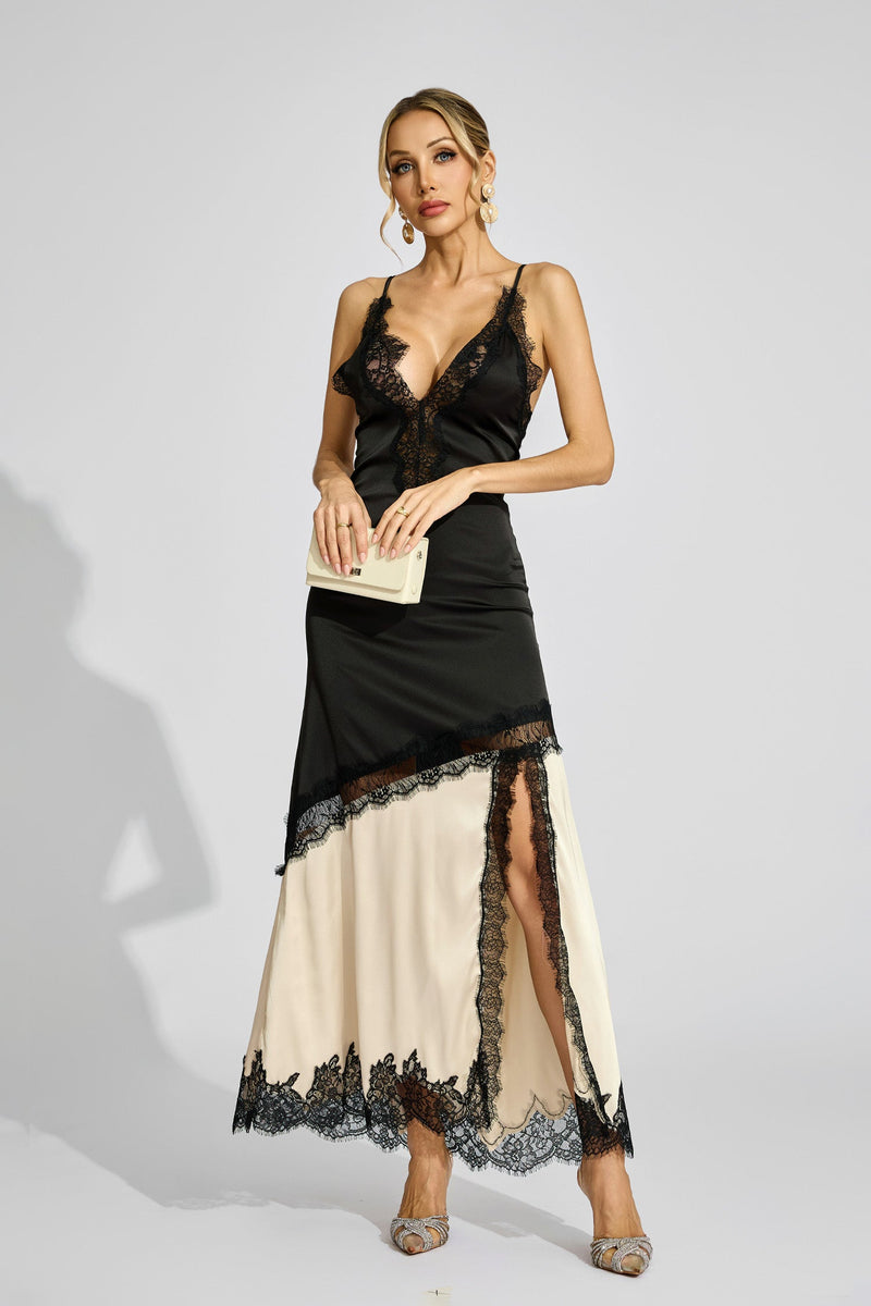 Caelira Contrast Lace Maxi Dress In Black