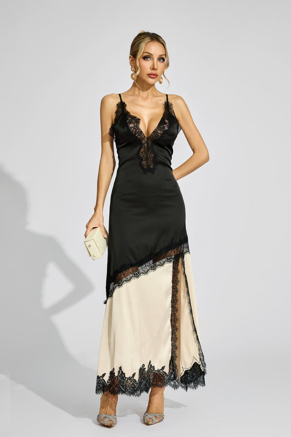 Caelira Contrast Lace Maxi Dress In Black