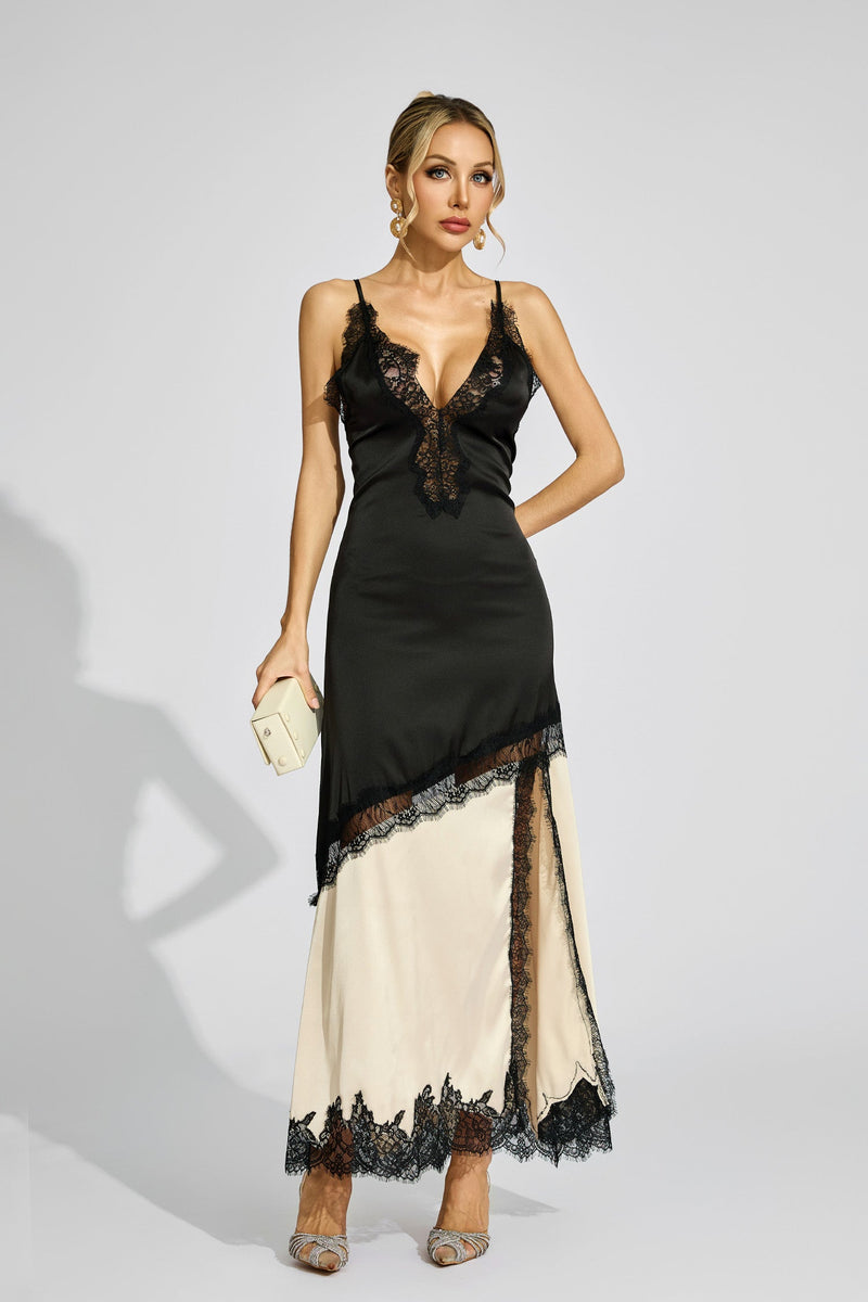 Caelira Contrast Lace Maxi Dress In Black