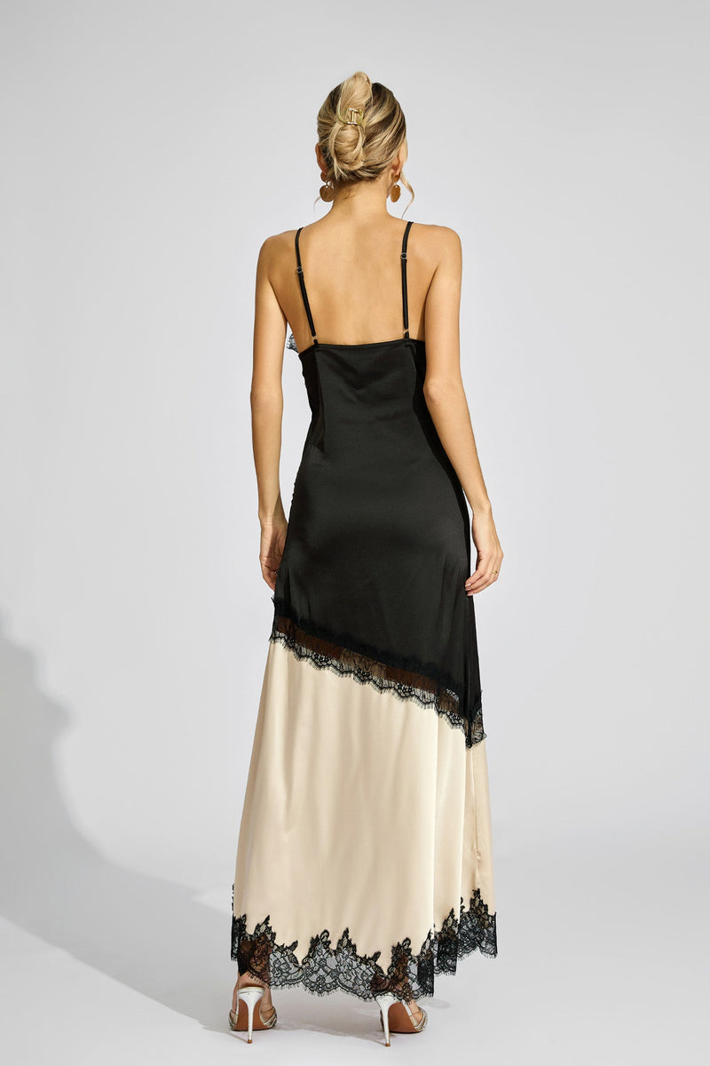 Caelira Contrast Lace Maxi Dress In Black