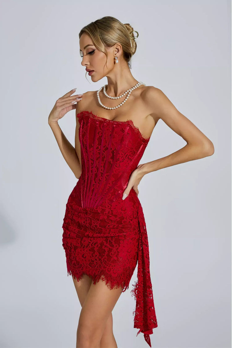 Kellie Strapless Lace Appliques Mini Dress In Red