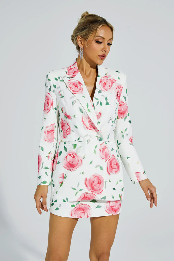 Mirri White Rose Printed Blazer Set