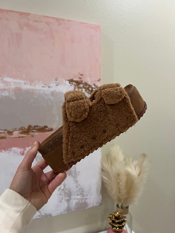 Blowout Stacked Double Strap Slides Brown Fur