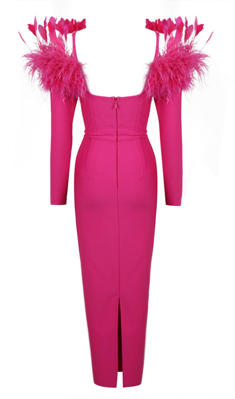 Jibaro Feather Trim Midi Dress In Crimson