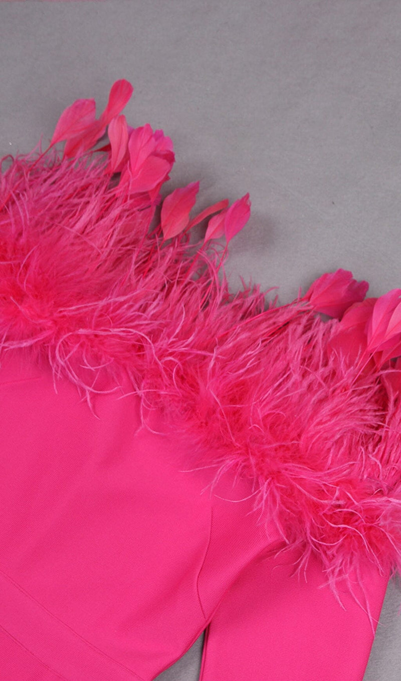 Jibaro Feather Trim Midi Dress In Crimson