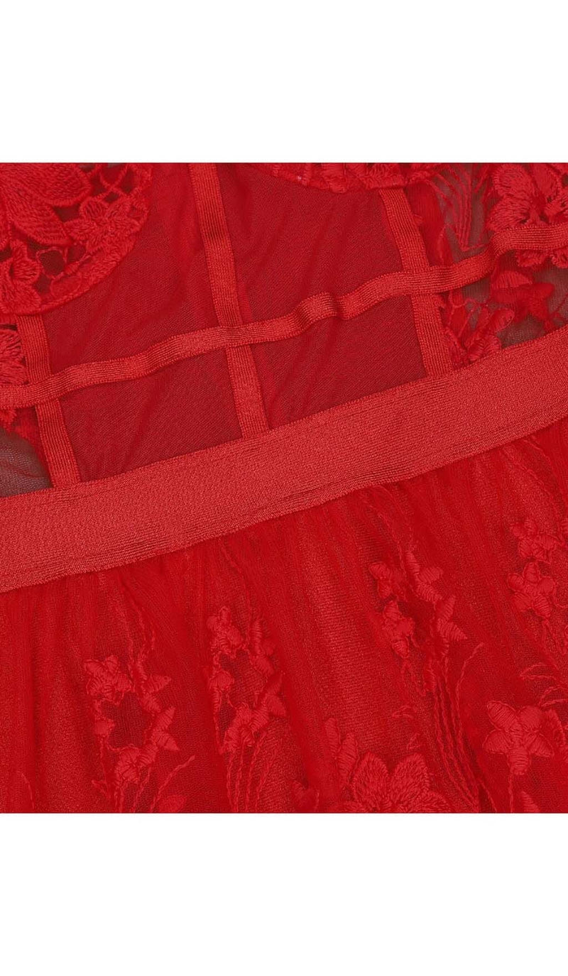 Zophia Floral Corset Lace Maxi Dress In Red