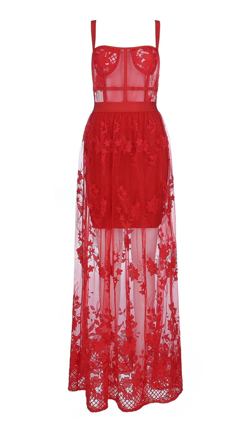 Zophia Floral Corset Lace Maxi Dress In Red