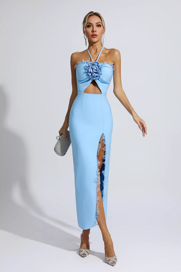 Werza Floral Embellished Slit Midi Dress In Blue
