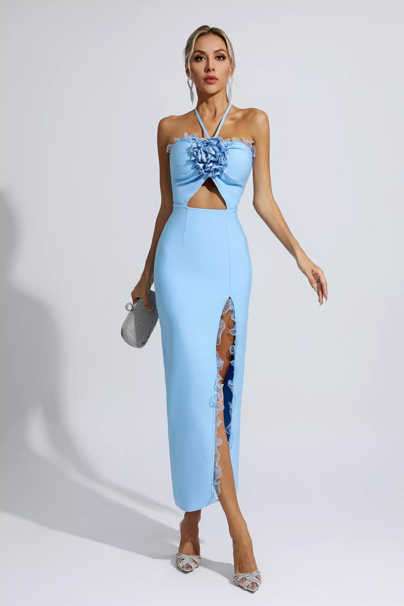 Werza Floral Embellished Slit Midi Dress In Blue