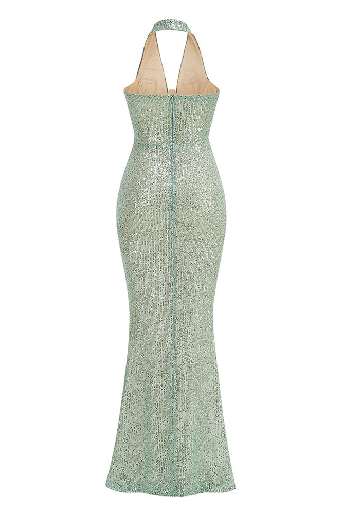 Barron Halter Sequin Embellished Maxi Dress In Green