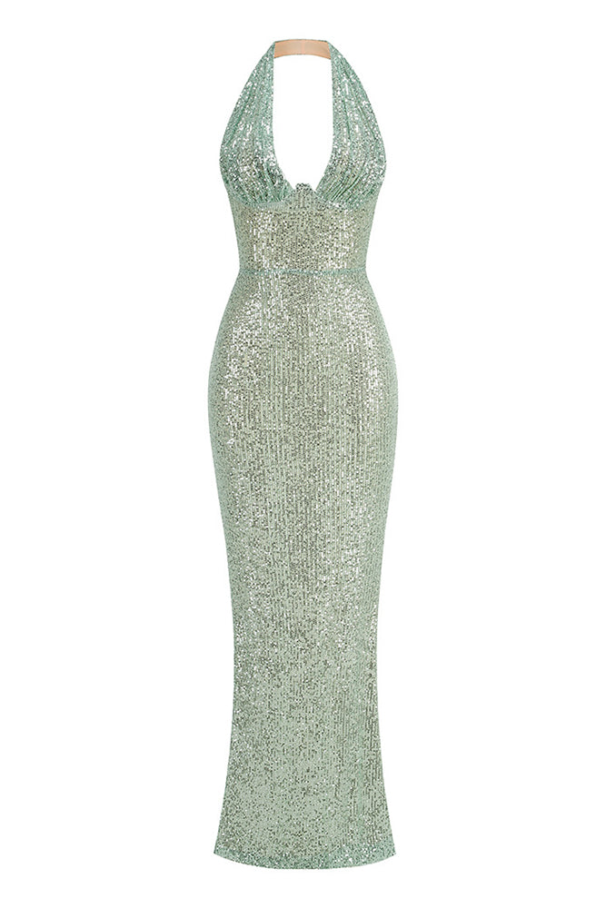 Barron Halter Sequin Embellished Maxi Dress In Green