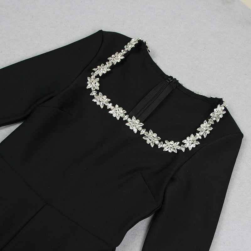 Kellie Long Sleeve Crystal Neckline Jumpsuit In Black