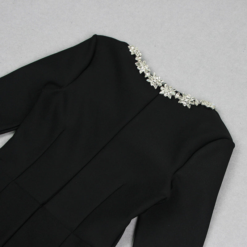 Kellie Long Sleeve Crystal Neckline Jumpsuit In Black