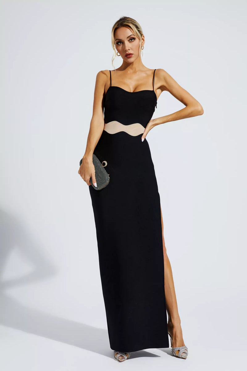 Nyellie Scalloped Mesh Insert Maxi Dress In Black