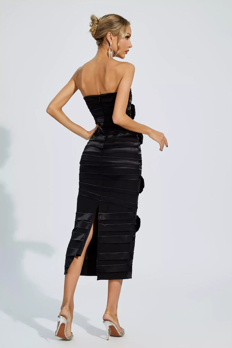 Heike Black Floral Strapless Evening Dress