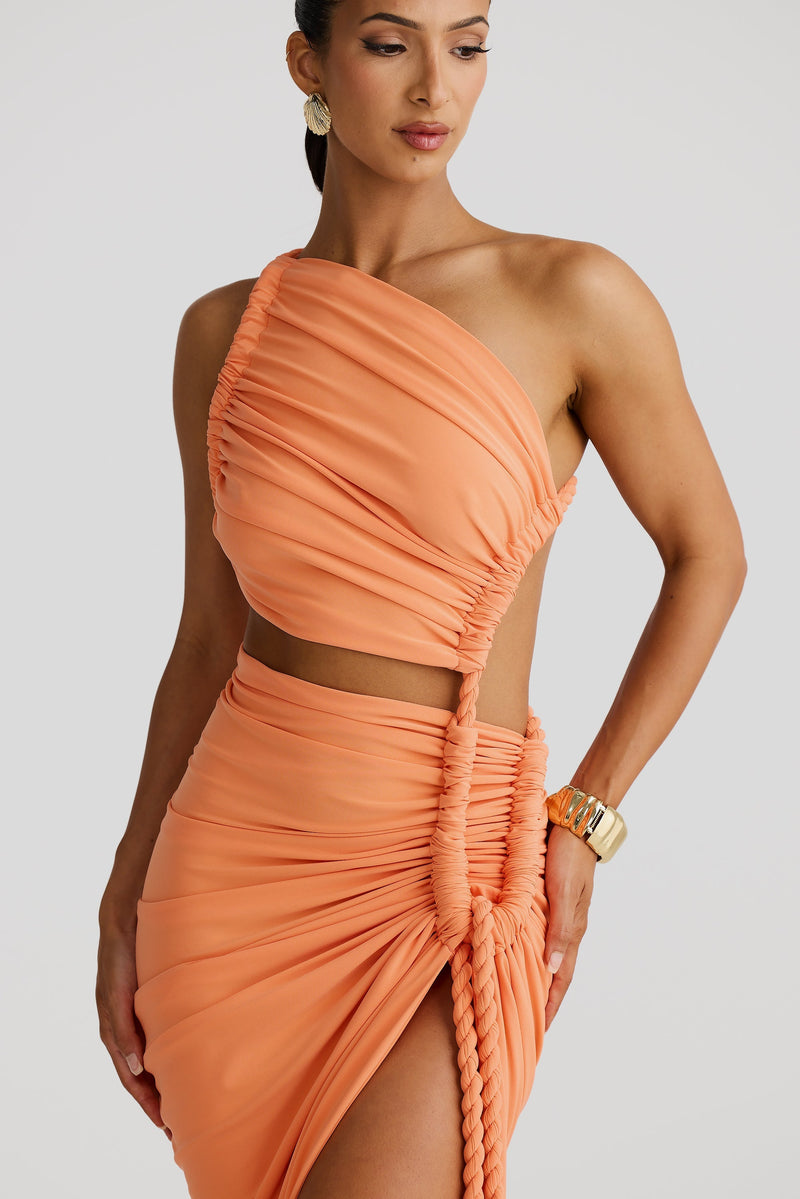 Leolani One-Shoulder Strapless Backless Cutout Pleated Maxi Dress In Orange