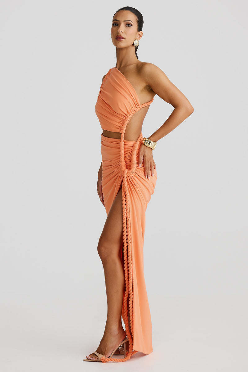 Leolani One-Shoulder Strapless Backless Cutout Pleated Maxi Dress In Orange