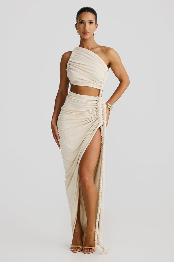 Leolani One-Shoulder Strapless Backless Cutout Pleated Maxi Dress In Grey