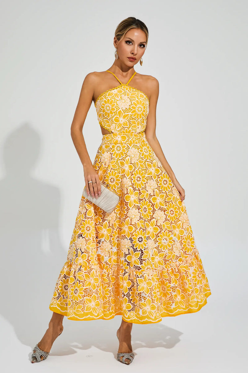 Dacre Cutout Halter Dress In Yellow
