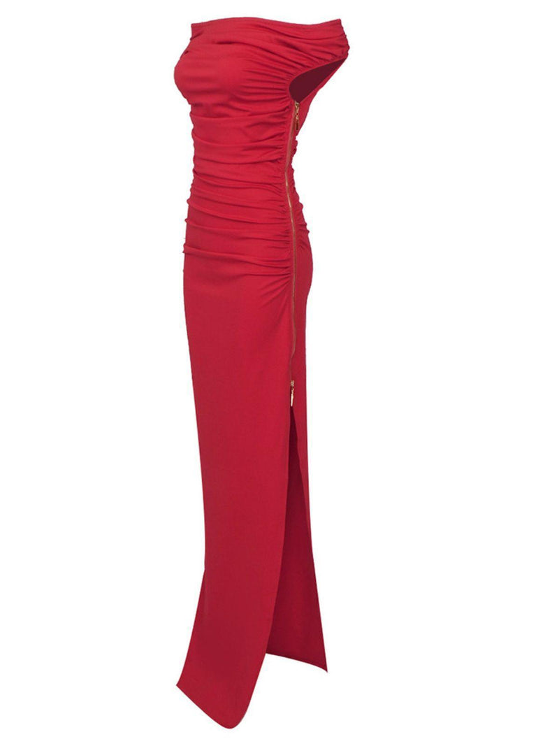 Cupid Slash Neck Pleated Maxi Dress In Red