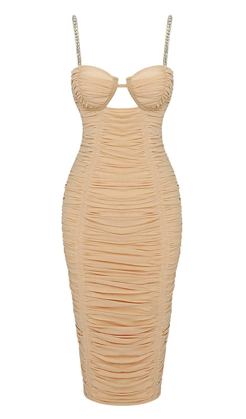 Rikiny Nude Strappy Sequins Embellished Mesh Midi Dress