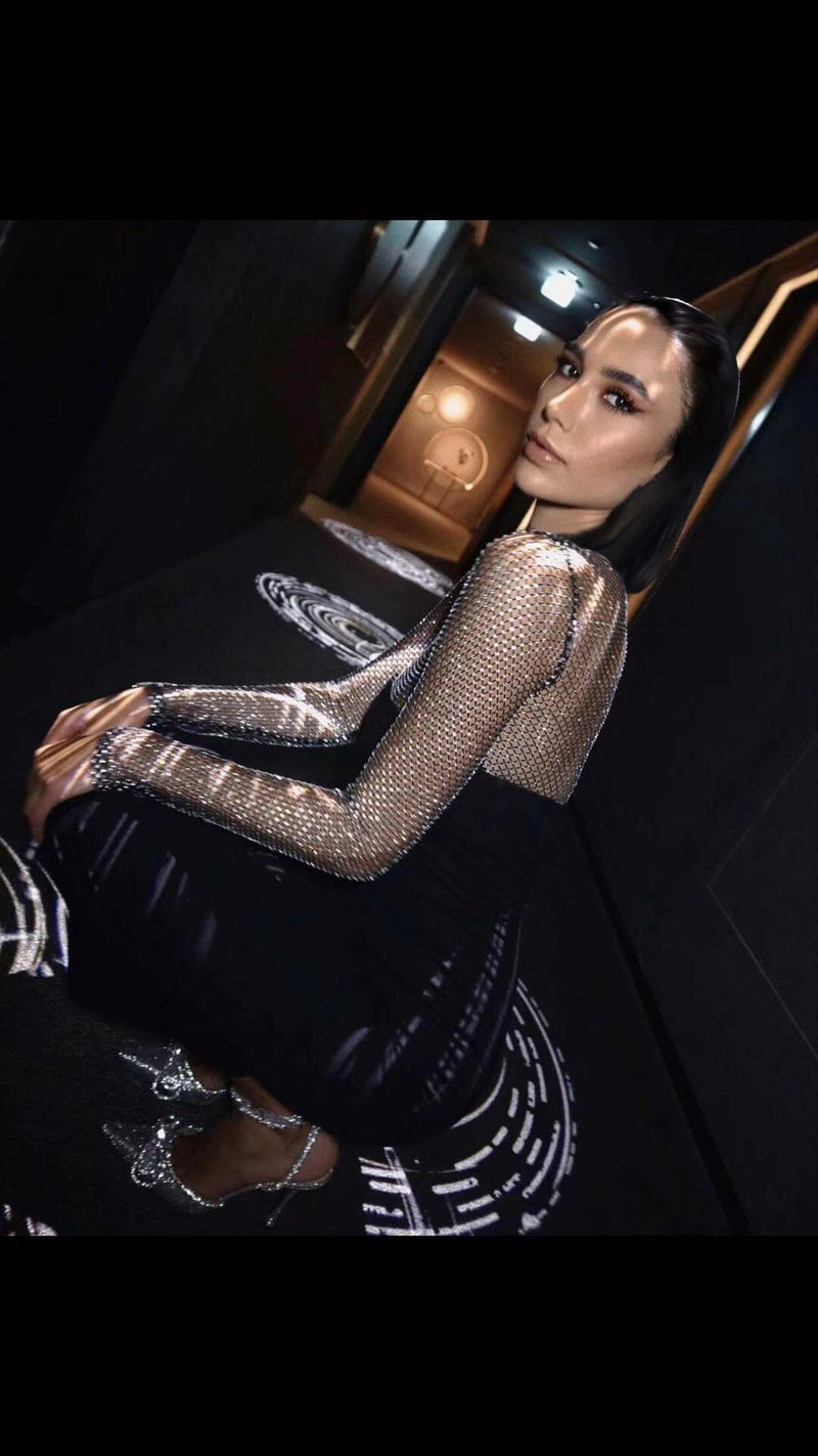 Lombe Long Sleeve Crystal Bandage Midi Dress